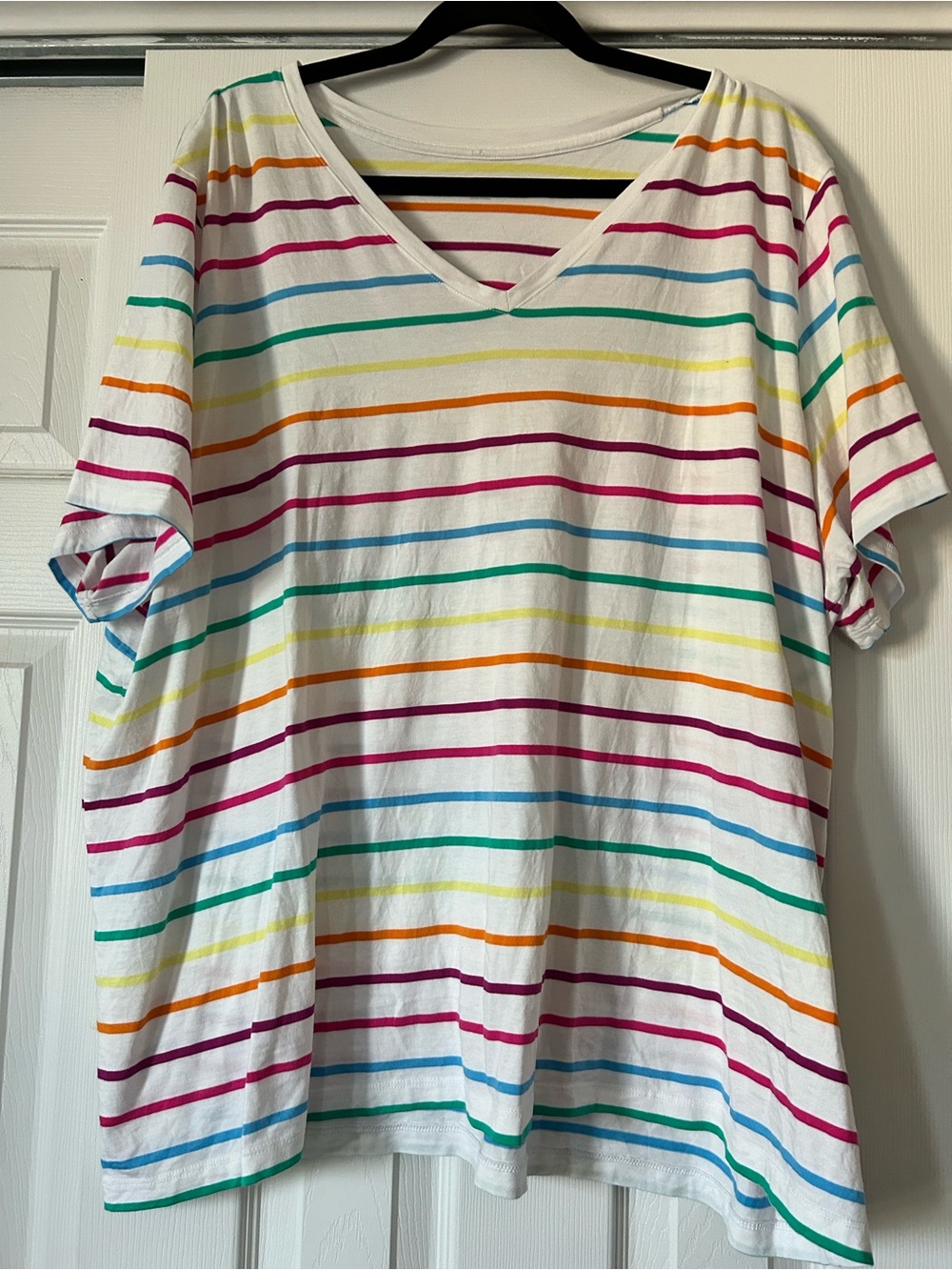 Land’ End White V-Neck Tee with Rainbow Stripes